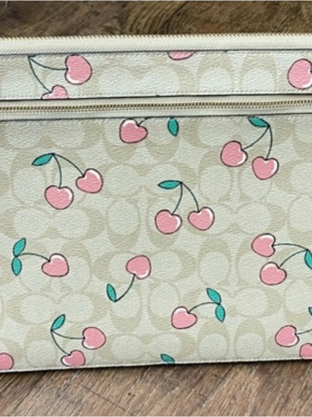 Coach Beige Signature Cherry Pouch with Pink & Green Accents